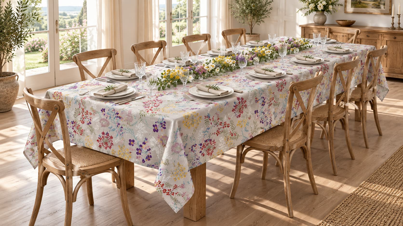 Tovaglia fiori multicolore 140x360 cm per tavolo lungo 10 posti