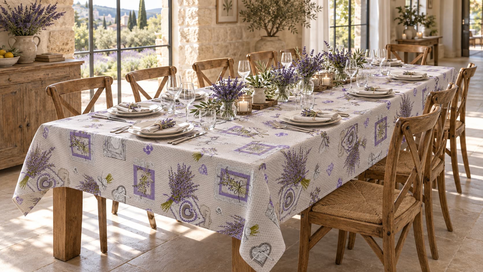 Tovaglia lavanda provenzale 140x360 cm per tavolo lungo 10 posti