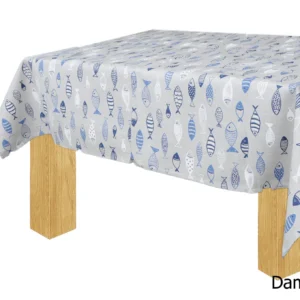 Tovaglia cucina e salotto con disegno marino pesci azzurro, misura 140x180 cm, tessuto Miros Made in Italy