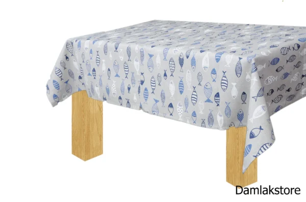 Tovaglia cucina e salotto con disegno marino pesci azzurro, misura 140x180 cm, tessuto Miros Made in Italy