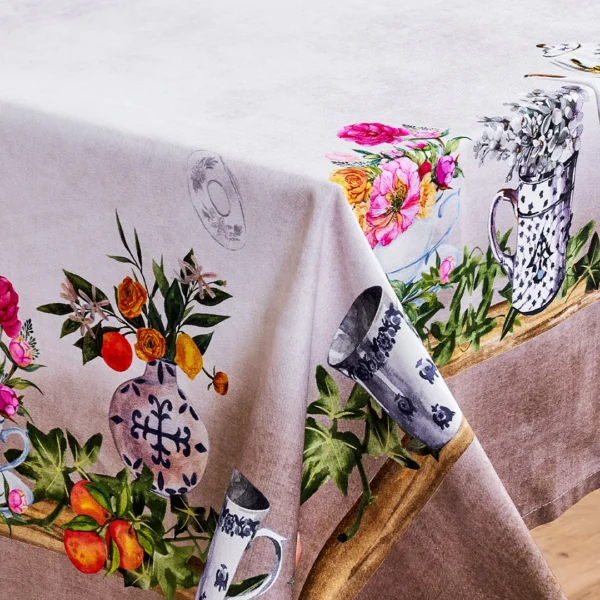 Tovaglia floreale Tiffany 18 Vingi in cotone 100% con stampa digitale,con motivo floreale e stile vintage con porcellane artistiche
