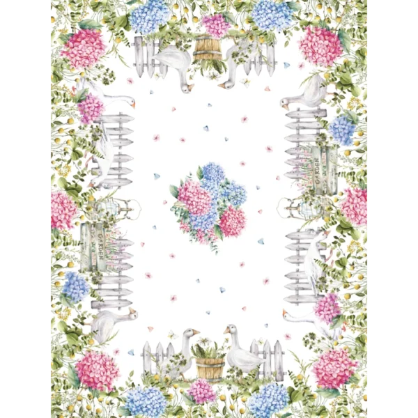 Tovaglia Tiffany 25 by Vingi con ortensie colorate e oche bianche in stile country chic