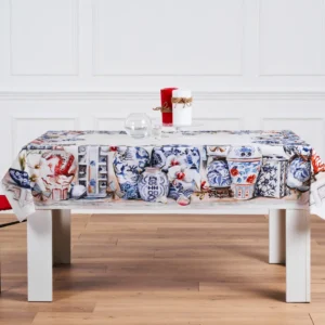 Tovaglia Tiffany 30 by Vingi con stampa orientale blu e rossa, dettagli floreali – Made in Italy