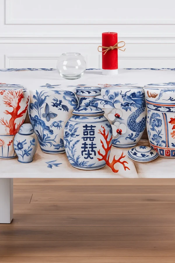Tovaglia Tiffany 30 by Vingi con stampa orientale blu e rossa, dettagli floreali – Made in Italy