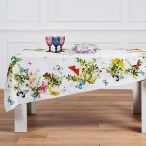Tovaglia Tiffany 31 by Vingi con stampa di farfalle colorate e fiori verdi – Made in Italy