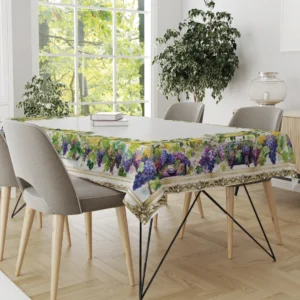 tovaglia Tiffany 33 by Vingi in cotone con stampa digitale fantasia uva e limoni, arredo cucina Made in Italy