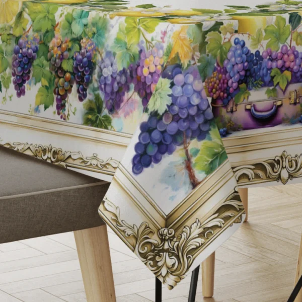 tovaglia Tiffany 33 by Vingi in cotone con stampa digitale fantasia uva e limoni, arredo cucina Made in Italy