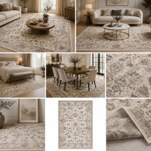 Tappeto Murcia K7042 bianco crema con motivo persiano orientale effetto vintage slavato, vello poliestere 10 mm con frangia