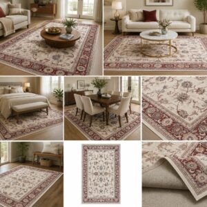 Dettaglio vello tappeto Murcia K7051 crema: scrollwork orientale in bordeaux con fiori multicolore e bordo arabescato rosso, effetto slavato vintage