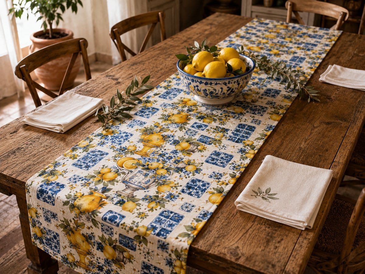 Tovaglia limone e maiolica siciliana cotone piegata su marmo bianco – fantasia limoni gialli dorati, piastrelle blu e bianche e vasi in pietra su fondo crema