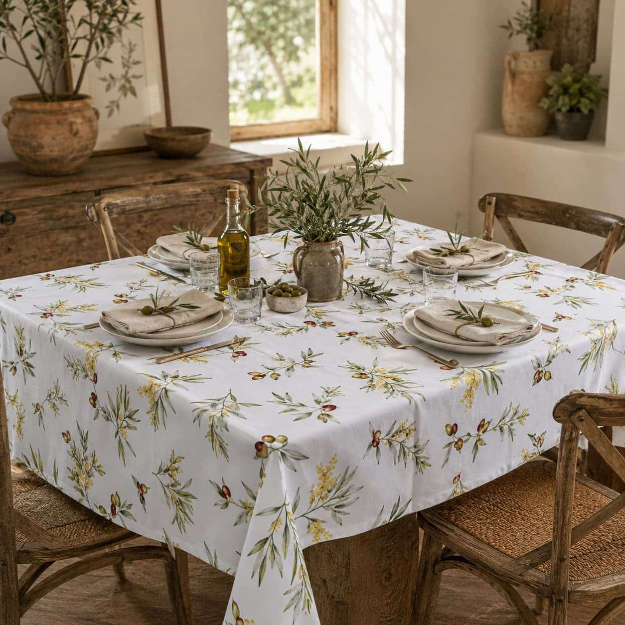 Tovaglia ulivo mediterraneo in cotone su fondo bianco – fantasia rami di ulivo con olive verdi e rosse e fiori di mimosa gialli