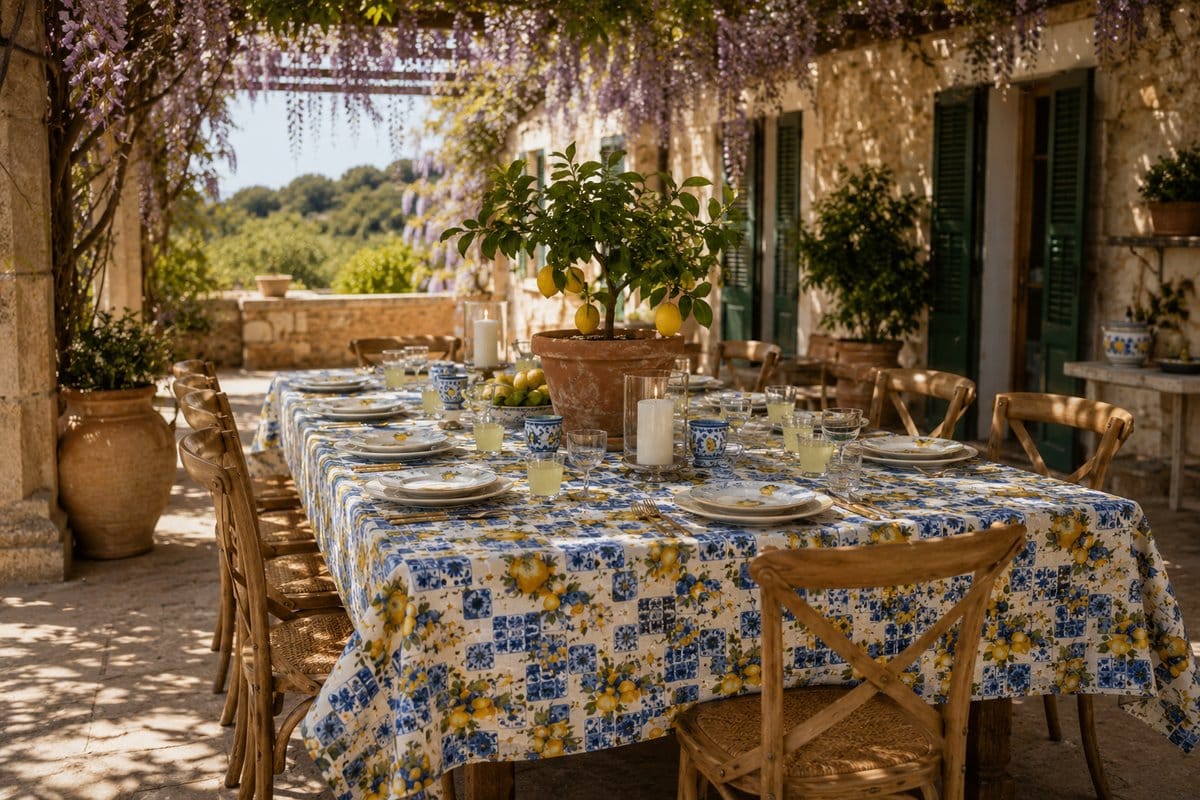 Tovaglia limone e maiolica siciliana cotone piegata su marmo bianco – fantasia limoni gialli dorati, piastrelle blu e bianche e vasi in pietra su fondo crema