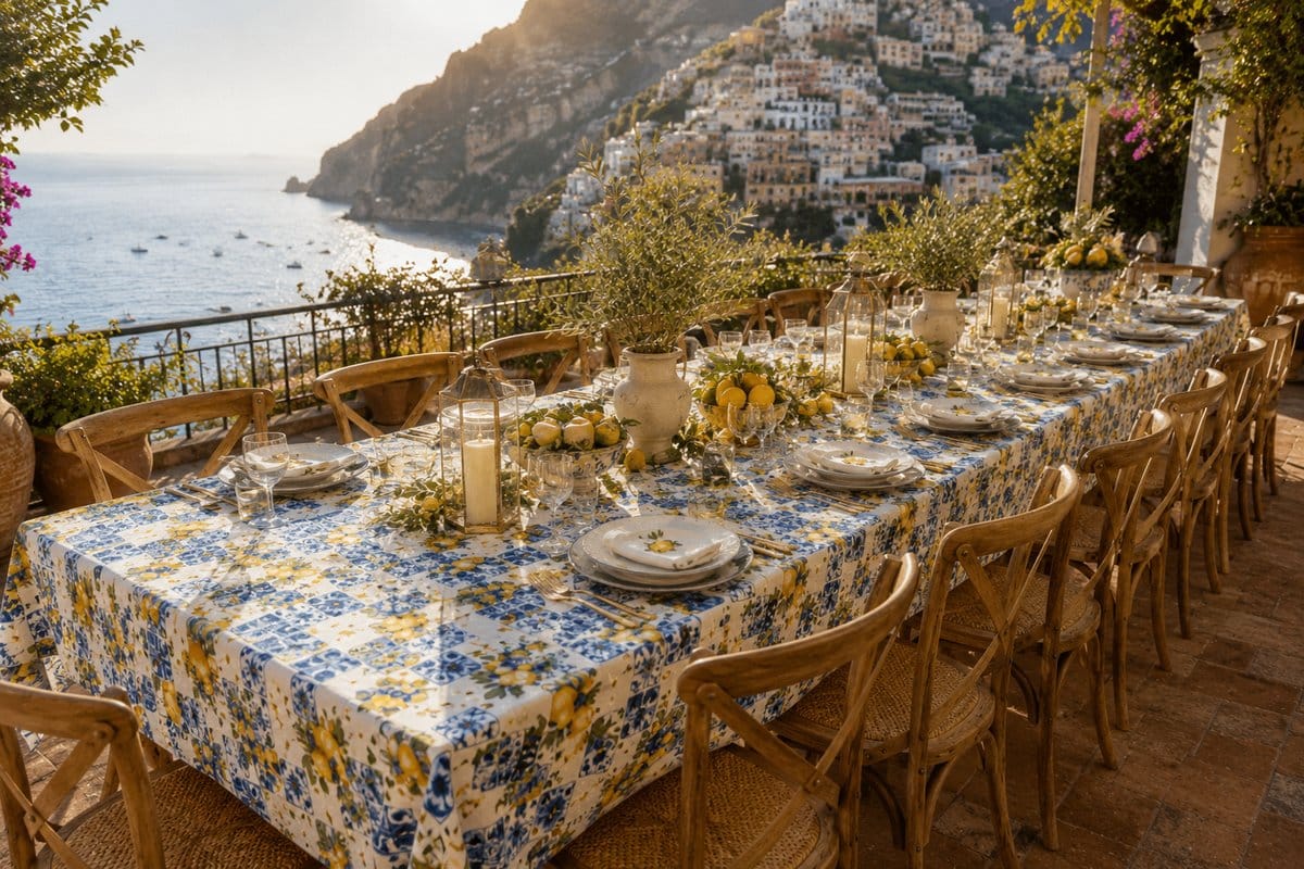 Tovaglia limone e maiolica siciliana cotone piegata su marmo bianco – fantasia limoni gialli dorati, piastrelle blu e bianche e vasi in pietra su fondo crema