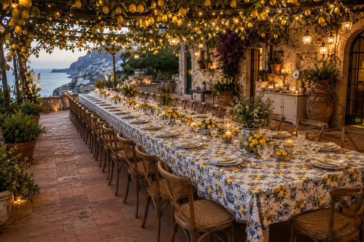 Tovaglia limone e maiolica siciliana cotone piegata su marmo bianco – fantasia limoni gialli dorati, piastrelle blu e bianche e vasi in pietra su fondo crema