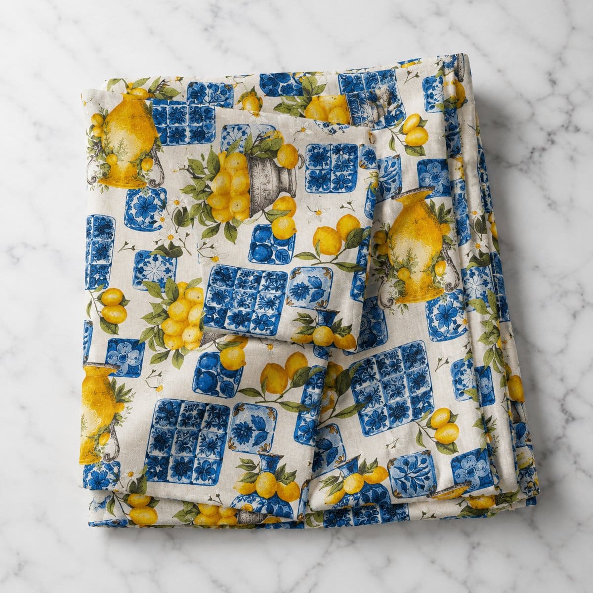 Tovaglia limone e maiolica siciliana cotone piegata su marmo bianco – fantasia limoni gialli dorati, piastrelle blu e bianche e vasi in pietra su fondo crema