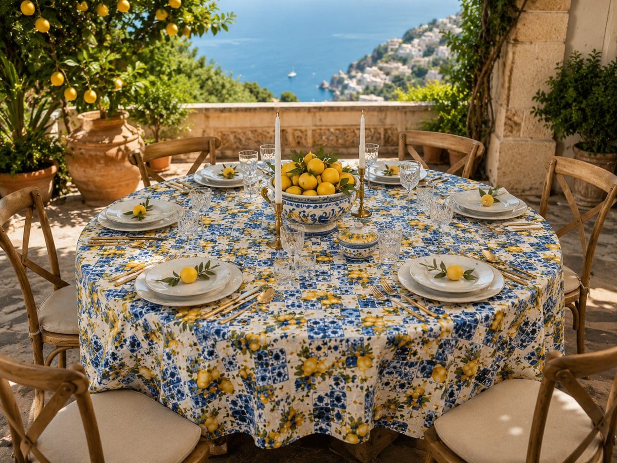Tovaglia limone e maiolica siciliana cotone piegata su marmo bianco – fantasia limoni gialli dorati, piastrelle blu e bianche e vasi in pietra su fondo crema