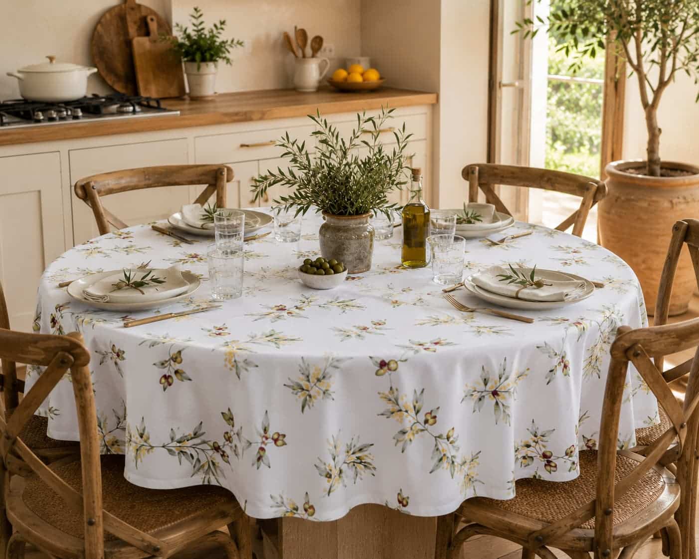Tovaglia ulivo mediterraneo in cotone su fondo bianco – fantasia rami di ulivo con olive verdi e rosse e fiori di mimosa gialli