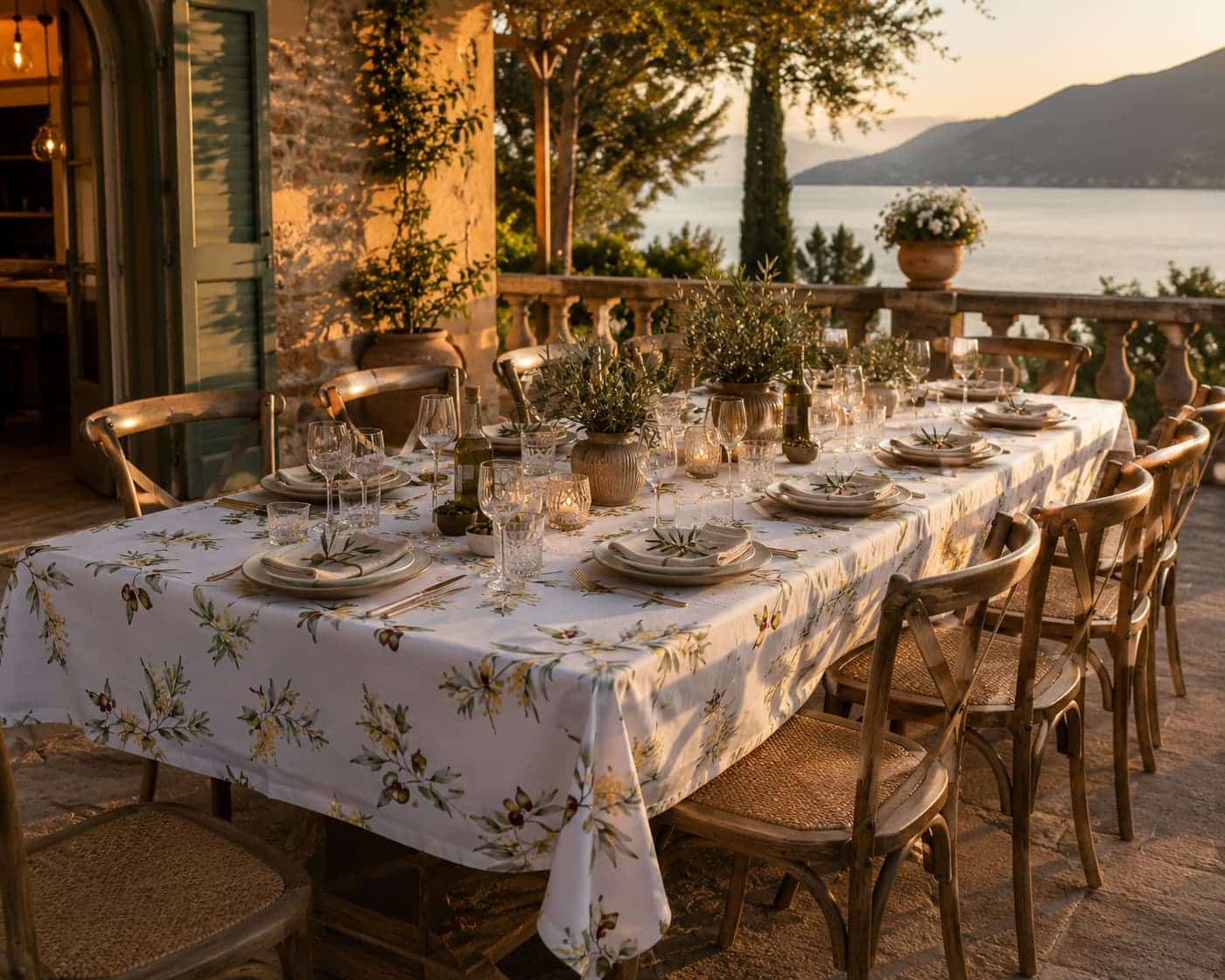 Tovaglia ulivo mediterraneo in cotone su fondo bianco – fantasia rami di ulivo con olive verdi e rosse e fiori di mimosa gialli