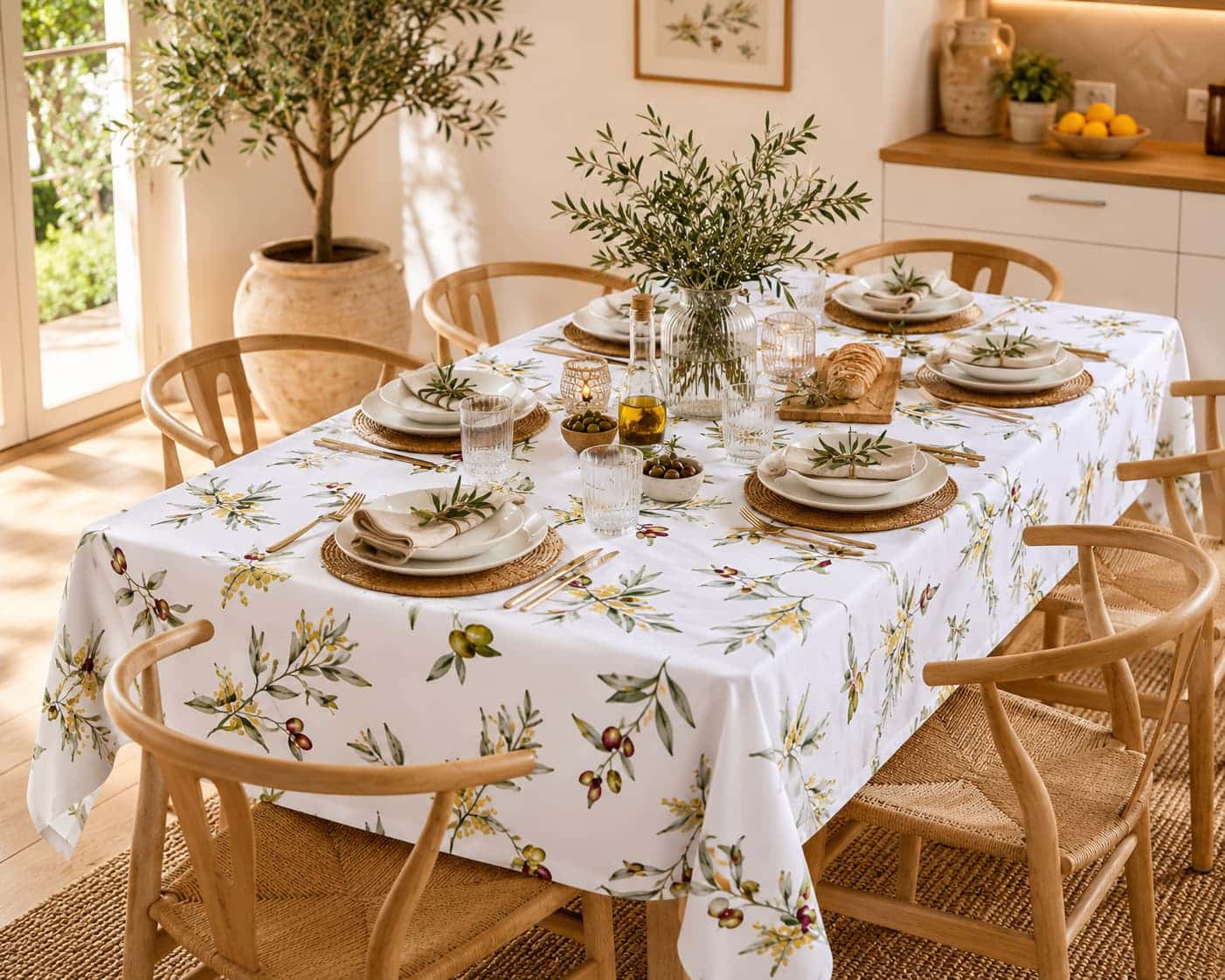 Tovaglia ulivo mediterraneo in cotone su fondo bianco – fantasia rami di ulivo con olive verdi e rosse e fiori di mimosa gialli