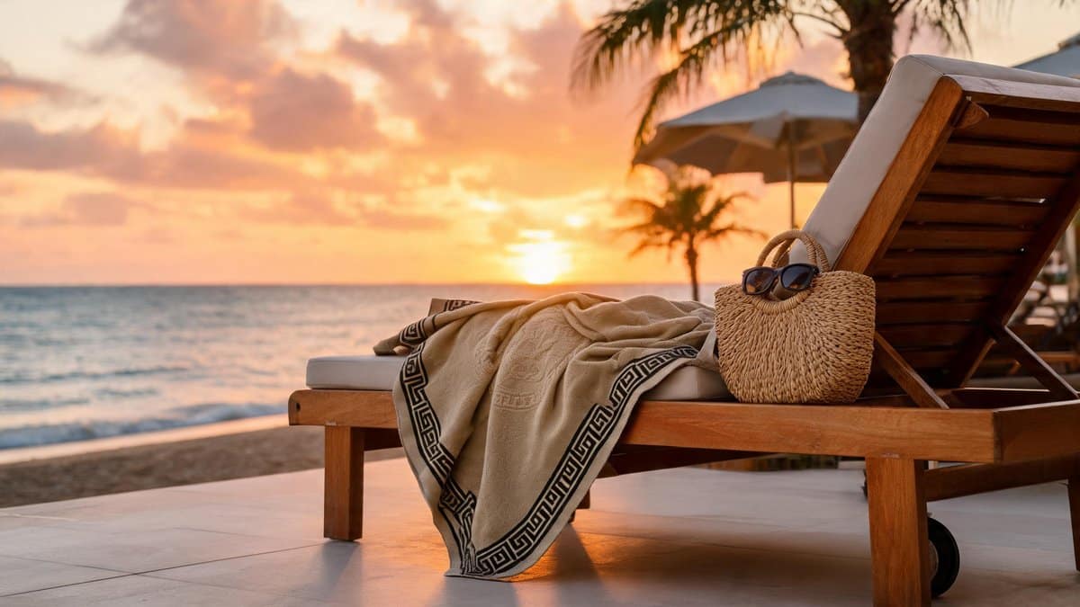 Telo mare beige bordo greca nero su lettino resort con tramonto e palme tropicali