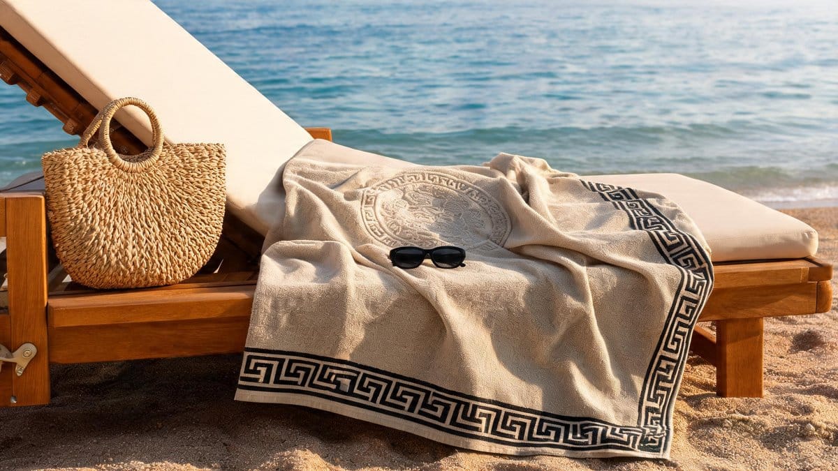Telo mare in cotone beige con medaglione centrale su sdraio di legno fronte mare blu