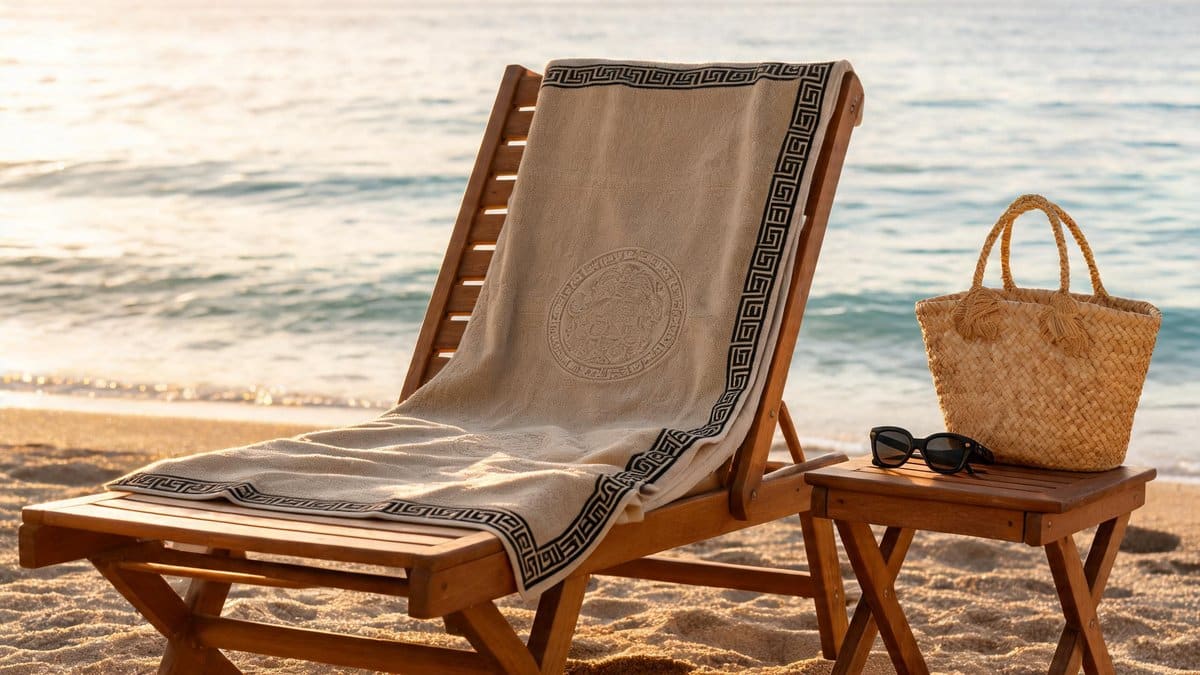 Telo mare beige spugna cotone su sdraio in legno sulla spiaggia al tramonto con borsa di paglia