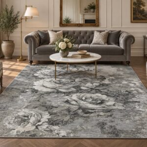 Tappeto rose grigio in salotto classico con divano chesterfield e poltrone