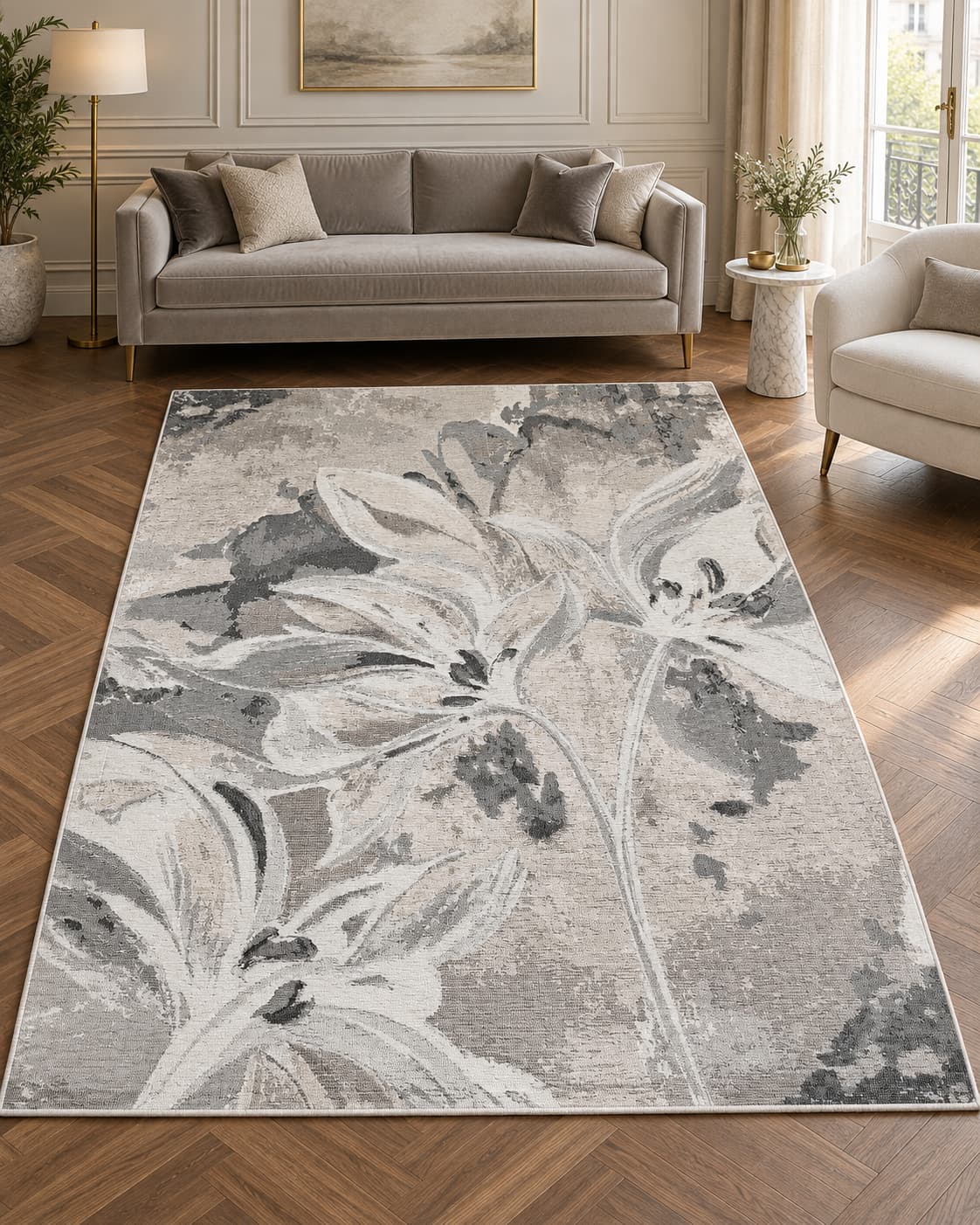 Tappeto Vanilla Grigio floreale in un salotto elegante davanti a un divano tortora su parquet a spina di pesce