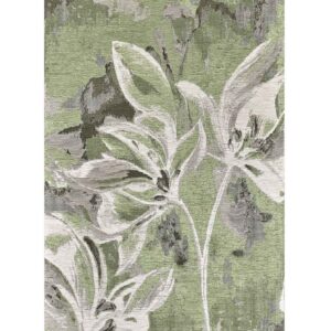 Tappeto Vanilla Verde by Suardi con fiori stilizzati bianchi e grigi su fondo verde salvia sfumato