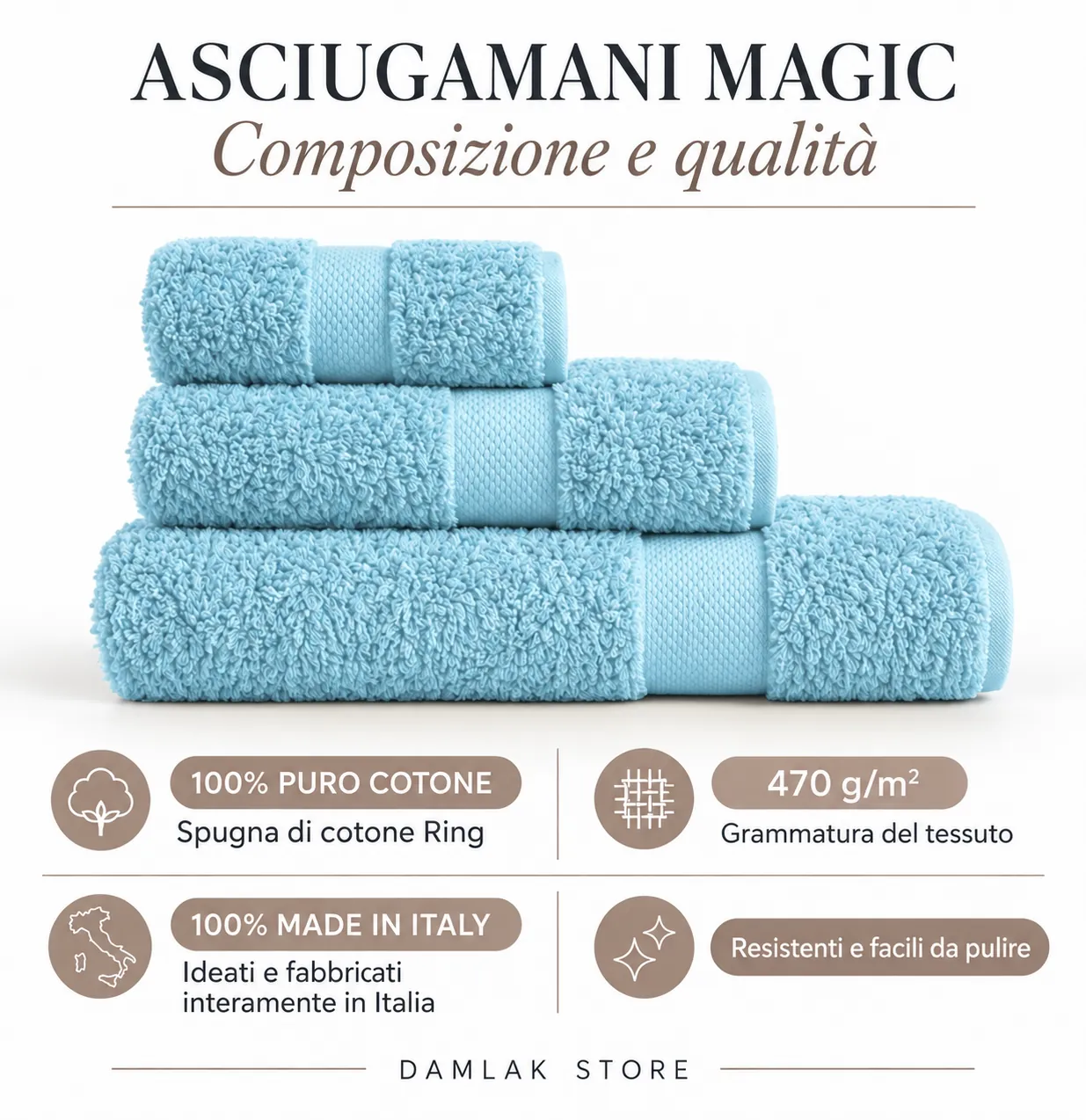 Scheda composizione degli asciugamani Magic color azzurro: spugna 100% cotone Ring, grammatura 470 g/m², Made in Italy.