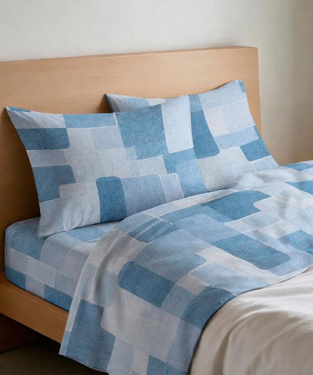 Completo lenzuola in cotone Brick Azzurro - foto 1