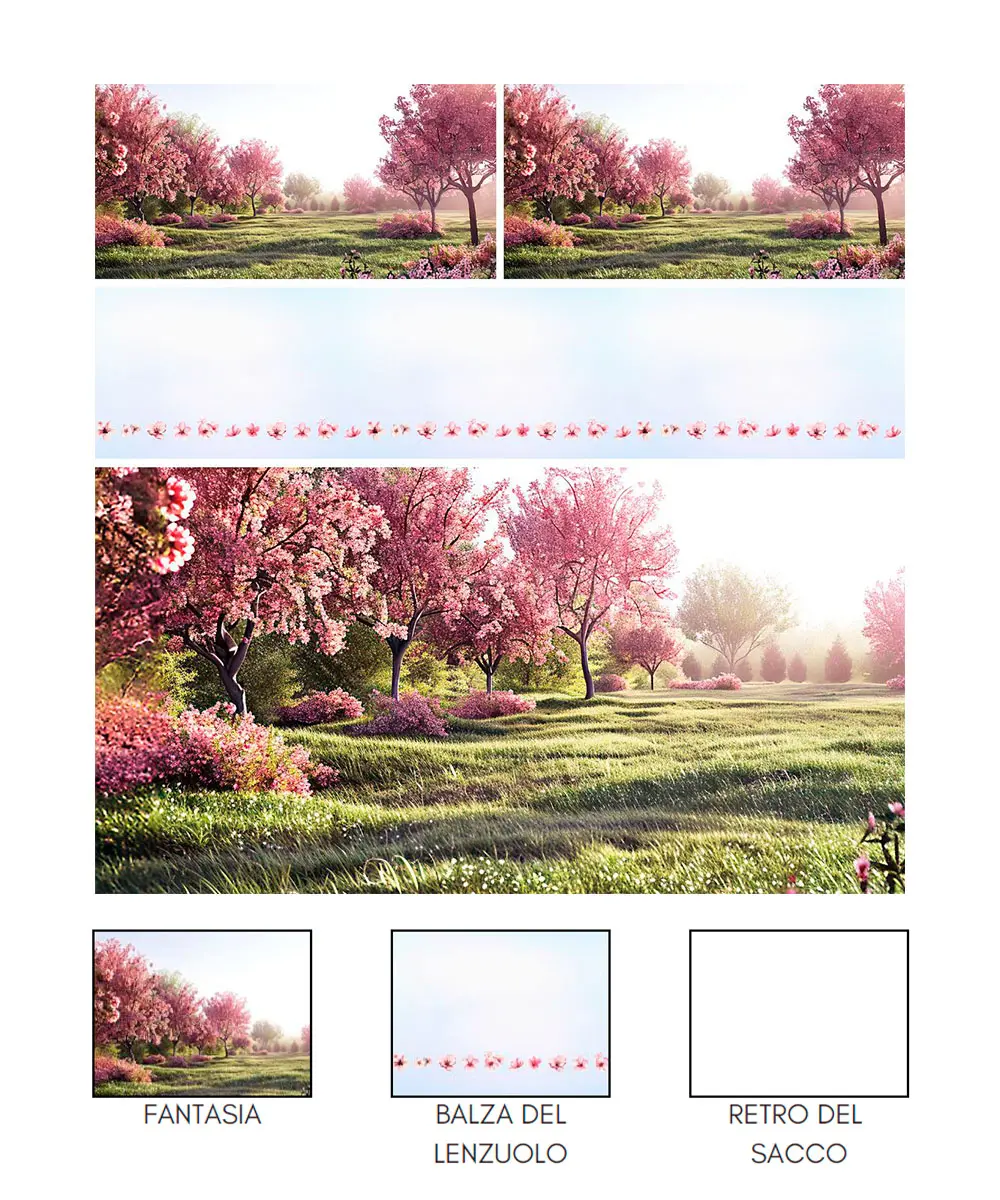 Completo lenzuola stampa digitale Ciliegio: un romantico paesaggio con ciliegi in fiore rosa su un prato verde - foto 2