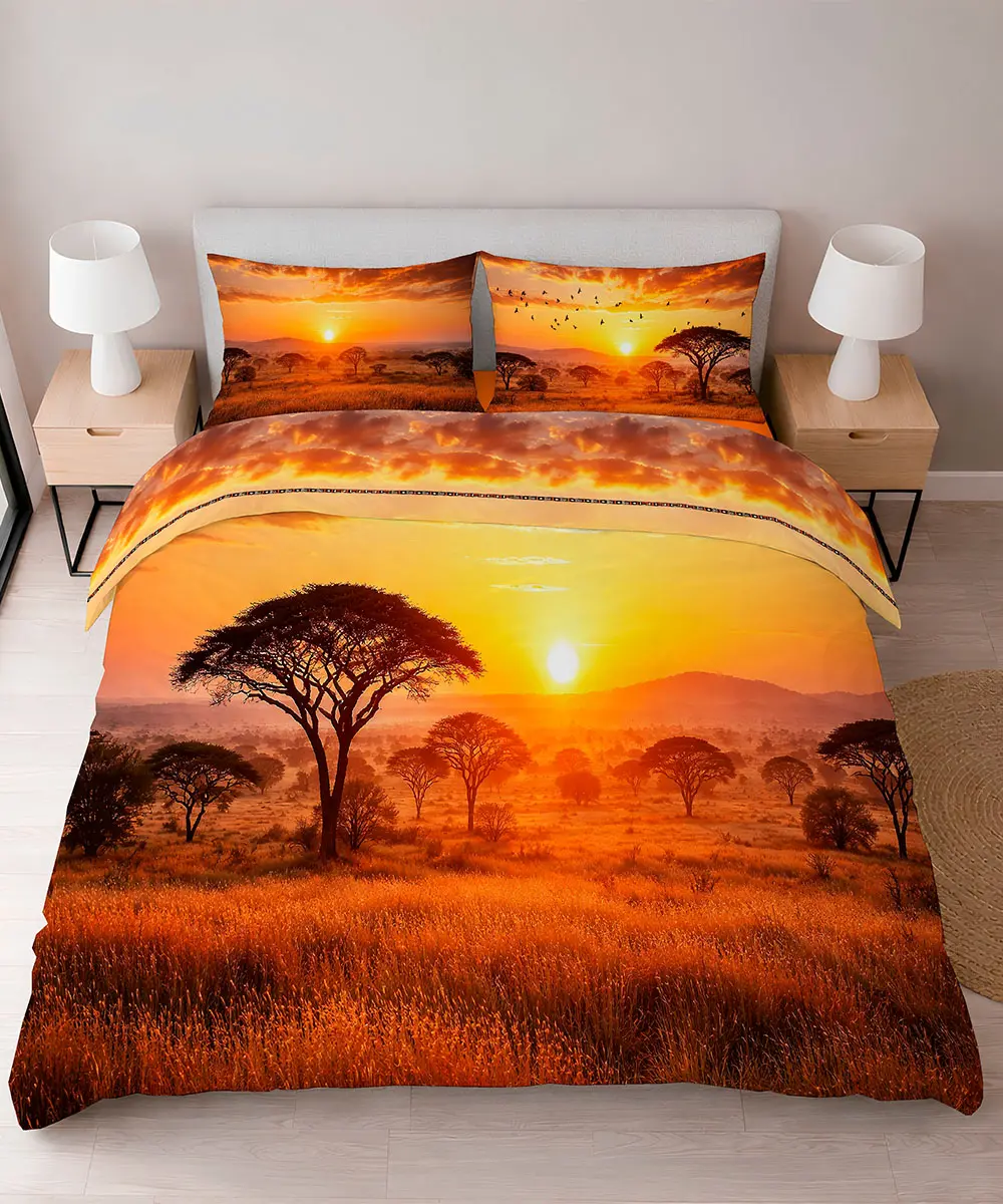 Completo lenzuola stampa digitale Kenya: un tramonto sulla savana africana con alberi di acacia - foto 1
