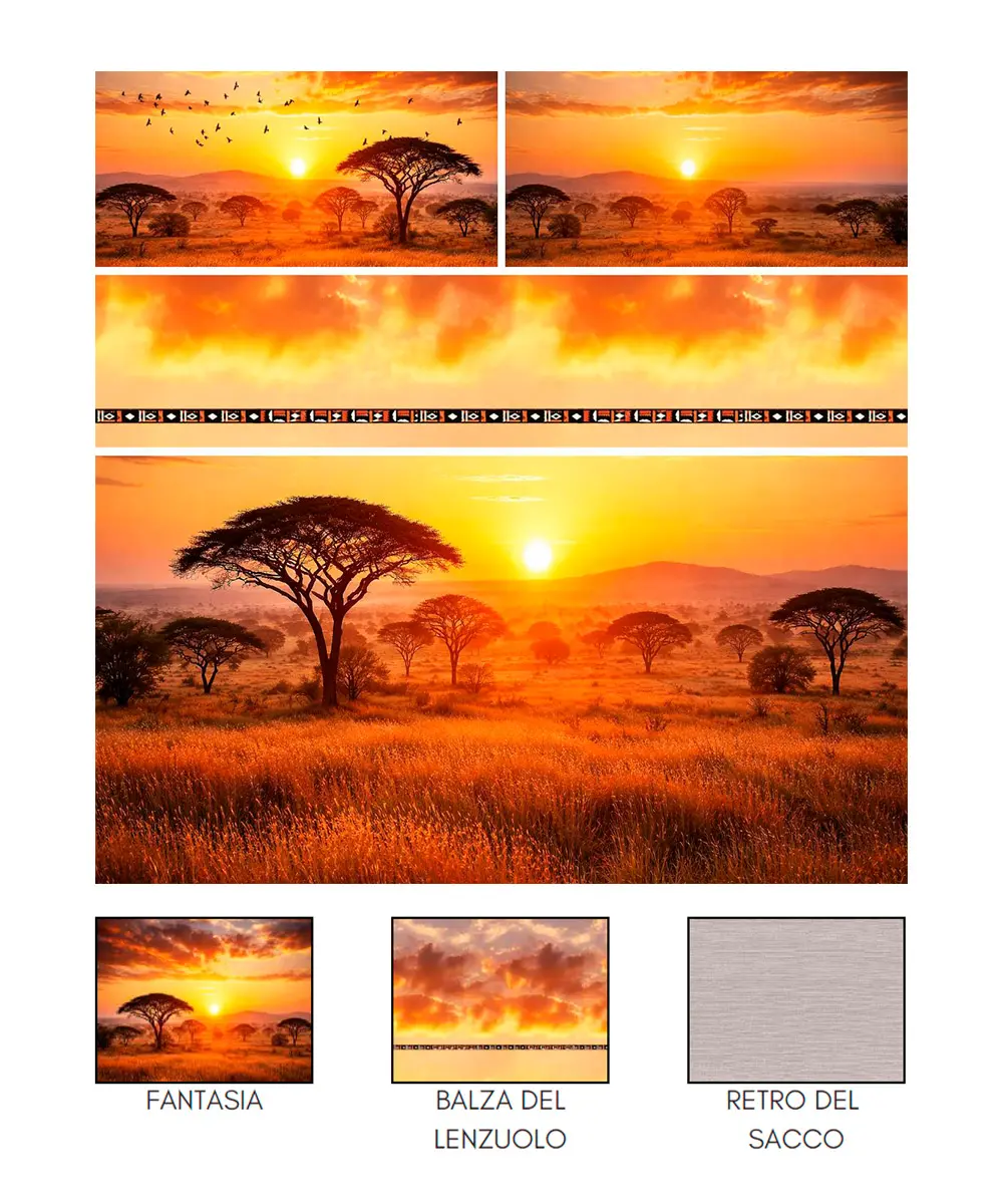 Completo lenzuola stampa digitale Kenya: un tramonto sulla savana africana con alberi di acacia - foto 2