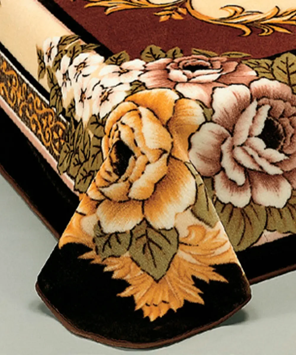 Coperta Ster 126 Marrone: coperta in microfibra effetto velluto con un ricco medaglione di rose e fiori con cornice decorativa - foto 3