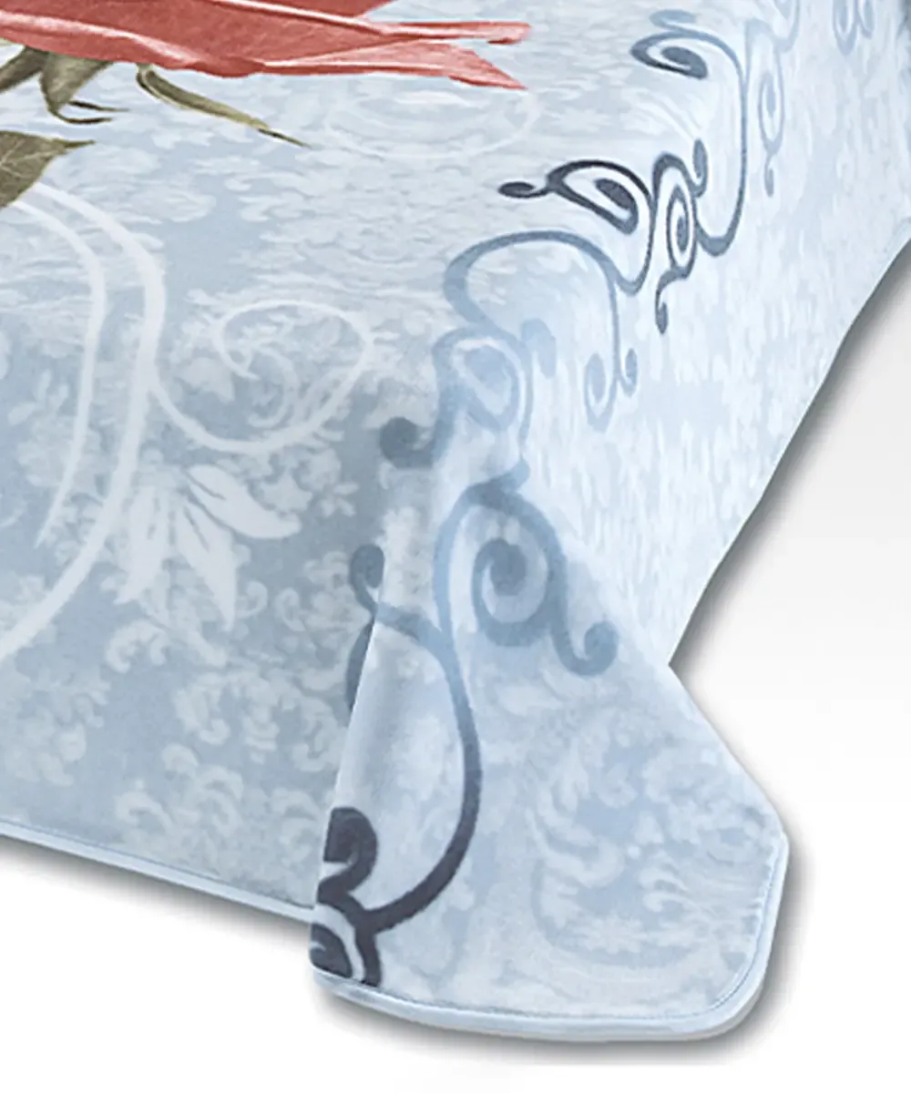 Coperta Ster 229 Azzurro: coperta in microfibra effetto velluto con una rosa dal lungo stelo con eleganti volute decorative - foto 2