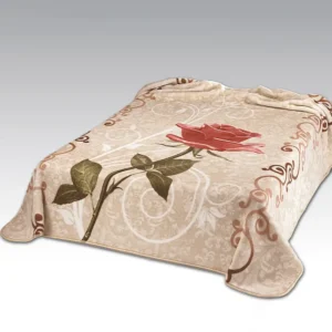 Coperta Ster 229 Beige: coperta in microfibra effetto velluto con una rosa dal lungo stelo con eleganti volute decorative - foto 1