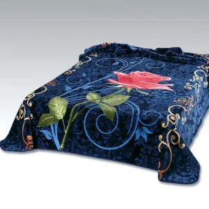 Coperta Ster 229 Blu Marino: coperta in microfibra effetto velluto con una rosa dal lungo stelo con eleganti volute decorative - foto 1