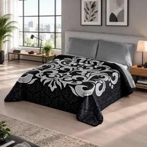 Coperta Ster 289 Nero: coperta in microfibra effetto velluto con un elegante decoro a volute tono su tono - foto 1