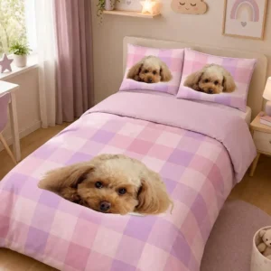 Parure Copripiumino Amici 45 Rosa con un tenero cagnolino su fondo a quadri rosa - foto 1