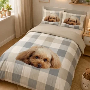 Parure Copripiumino Amici 46 Beige con un tenero cagnolino su fondo a quadri beige e grigio - foto 1