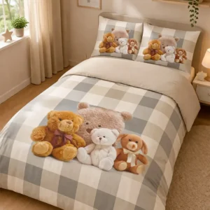 Parure Copripiumino Amici 52 Beige con dolci orsacchiotti su fondo a quadri beige - foto 1