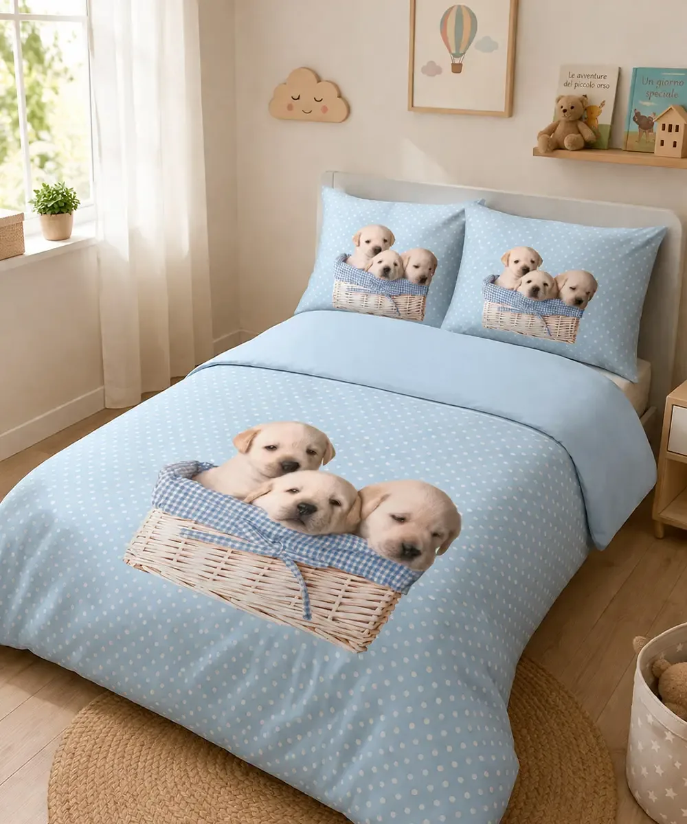 Parure Copripiumino Amici 9 Azzurro con tre cuccioli in un cestino su fondo azzurro a pois - foto 1