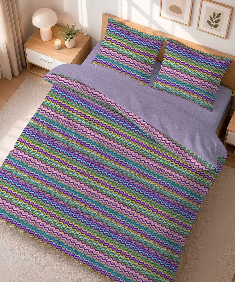 Parure Copripiumino Baia Lilla con righe a zig-zag multicolore in lilla, rosa e verde - foto 1