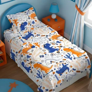 Parure Copripiumino Dinosauri con dinosauri blu e arancio su fondo bianco - foto 1