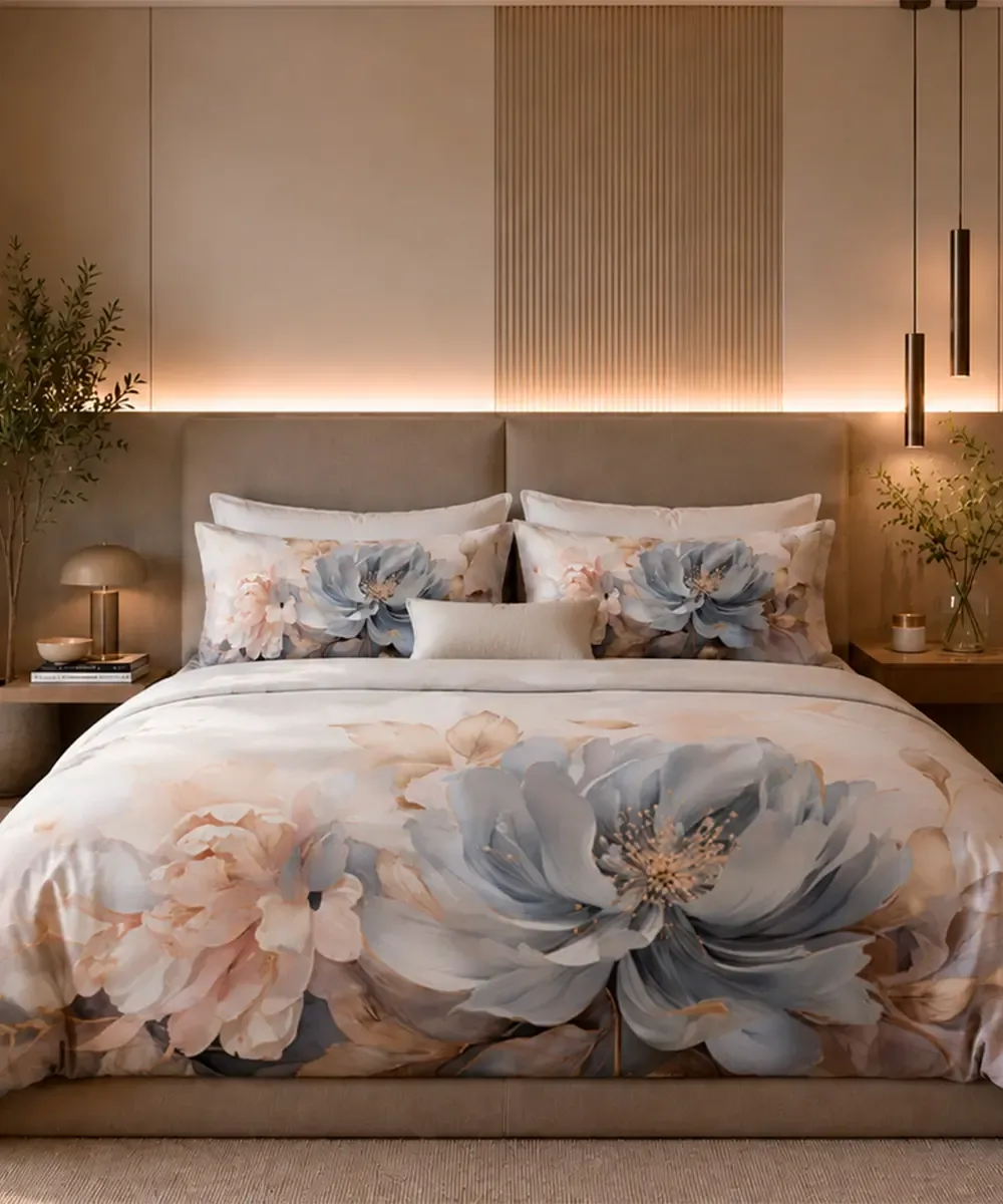 Parure Copripiumino Garden 141 con grandi fiori azzurro polvere e pesca - foto 1
