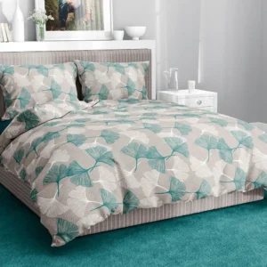 Parure Copripiumino Ginko Verde con foglie di ginko verde acqua su fondo beige - foto 1
