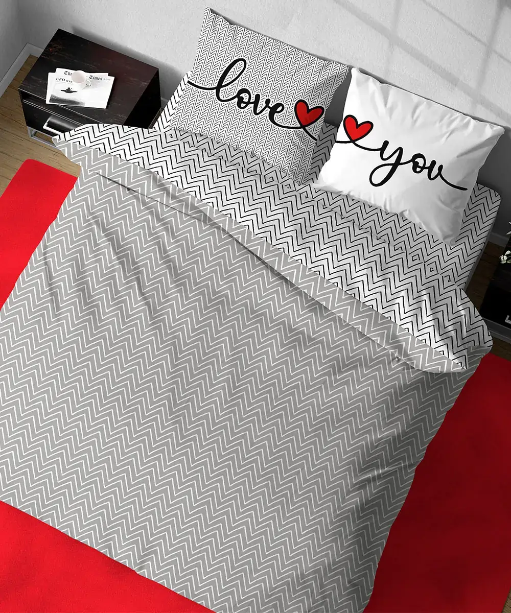 Parure Copripiumino Happy Love You con un motivo a zig-zag grigio con federe "love you" e cuori rossi - foto 1