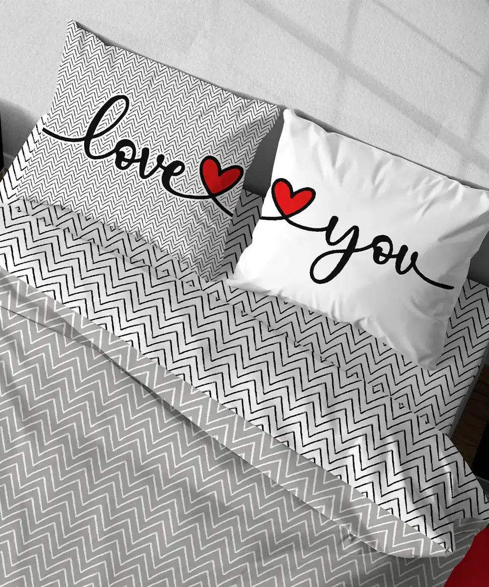 Parure Copripiumino Happy Love You con un motivo a zig-zag grigio con federe "love you" e cuori rossi - foto 2