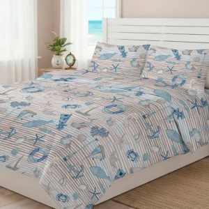 Parure Copripiumino Mare Beige con conchiglie e ancore blu su righe beige - foto 1